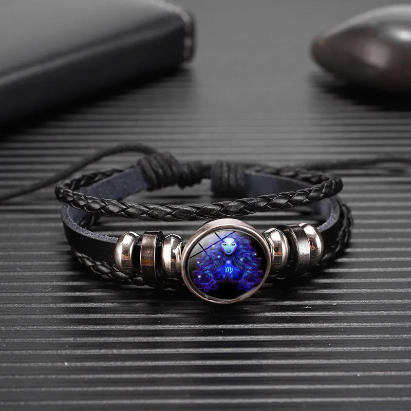 Luminous 12 Constellations Bracelet For Men Multilayer Leather Weave Zodiac Signs Bracelets Taurus Cancer Scorpio Jewelry Gift