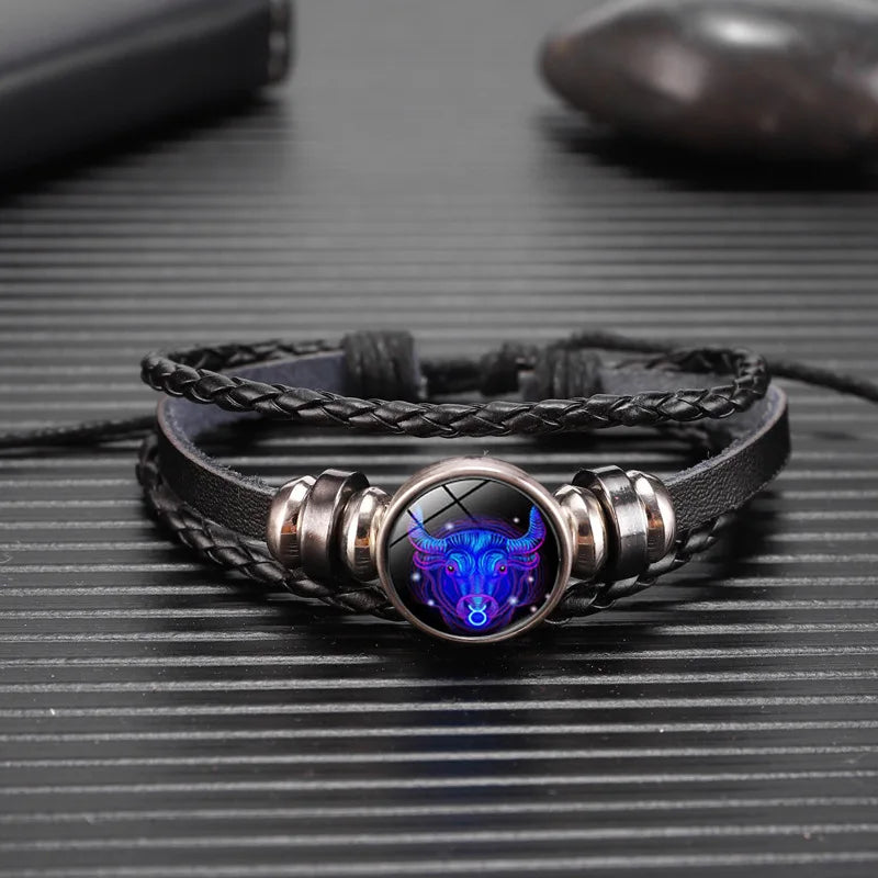 Luminous 12 Constellations Bracelet For Men Multilayer Leather Weave Zodiac Signs Bracelets Taurus Cancer Scorpio Jewelry Gift