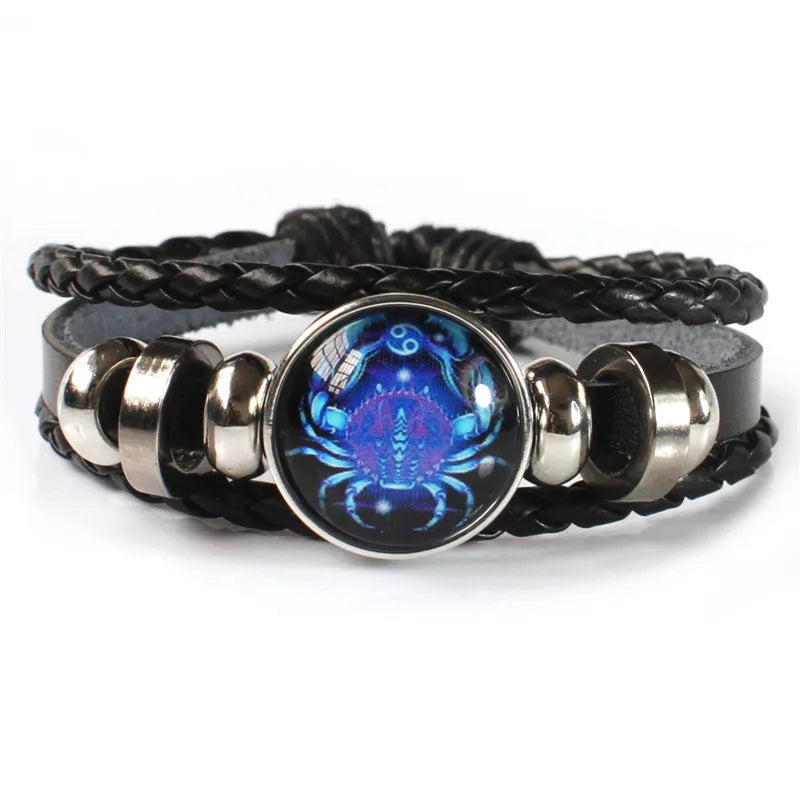 Luminous 12 Constellations Bracelet For Men Multilayer Leather Weave Zodiac Signs Bracelets Taurus Cancer Scorpio Jewelry Gift