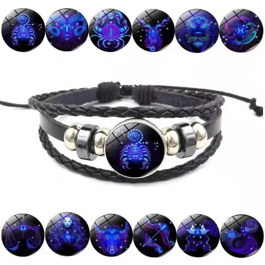 Luminous 12 Constellations Bracelet For Men Multilayer Leather Weave Zodiac Signs Bracelets Taurus Cancer Scorpio Jewelry Gift