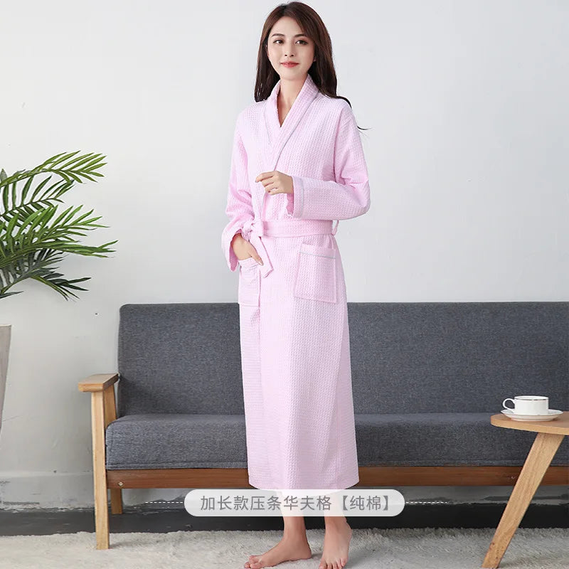 100% Cotton Hotel Long Kimono Waffle Bath Robe for Women Autumn Fast Water Absorption Bathrobe Female Gown Sleepwear Size 2XL