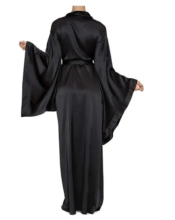 2019 New Solid Robes Women Black Red Long Sleeve Nightgown Ladies Girls Silk Satin Smooth Spring Lace Sleepwear Female Bathrobe