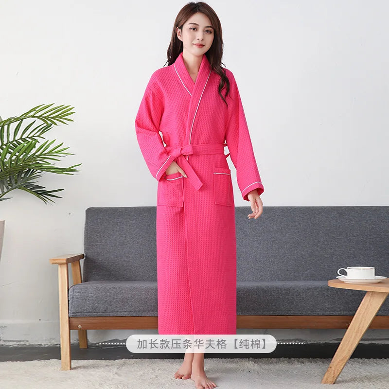 100% Cotton Hotel Long Kimono Waffle Bath Robe for Women Autumn Fast Water Absorption Bathrobe Female Gown Sleepwear Size 2XL