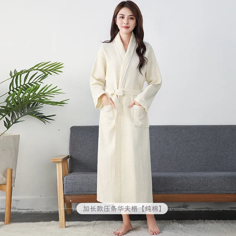 100% Cotton Hotel Long Kimono Waffle Bath Robe for Women Autumn Fast Water Absorption Bathrobe Female Gown Sleepwear Size 2XL