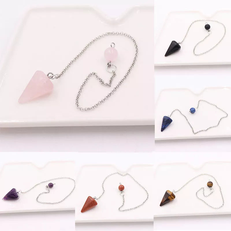 Fashion Conical Pendulum Natural Stone Taper Pendulums Silver Color Chain Crystal Pendants For Dowsing Spiritual Reiki Jewelry