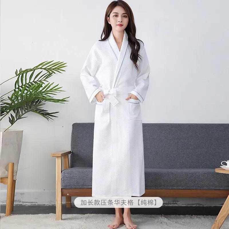 100% Cotton Hotel Long Kimono Waffle Bath Robe for Women Autumn Fast Water Absorption Bathrobe Female Gown Sleepwear Size 2XL