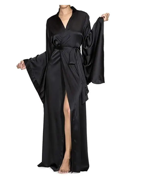 2019 New Solid Robes Women Black Red Long Sleeve Nightgown Ladies Girls Silk Satin Smooth Spring Lace Sleepwear Female Bathrobe