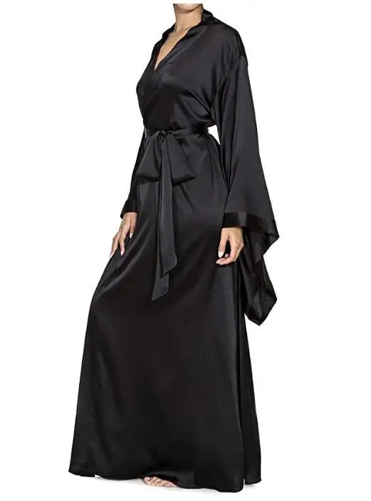 2019 New Solid Robes Women Black Red Long Sleeve Nightgown Ladies Girls Silk Satin Smooth Spring Lace Sleepwear Female Bathrobe