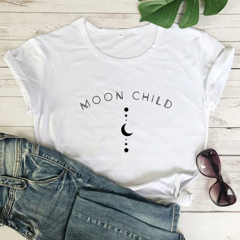 Moon Child 100% Cotton T-shirt Spiritual Women Gothic Black Tshirt Aesthetic Graphic Witchy Tee Shirt Top Camiseta Dropshipping