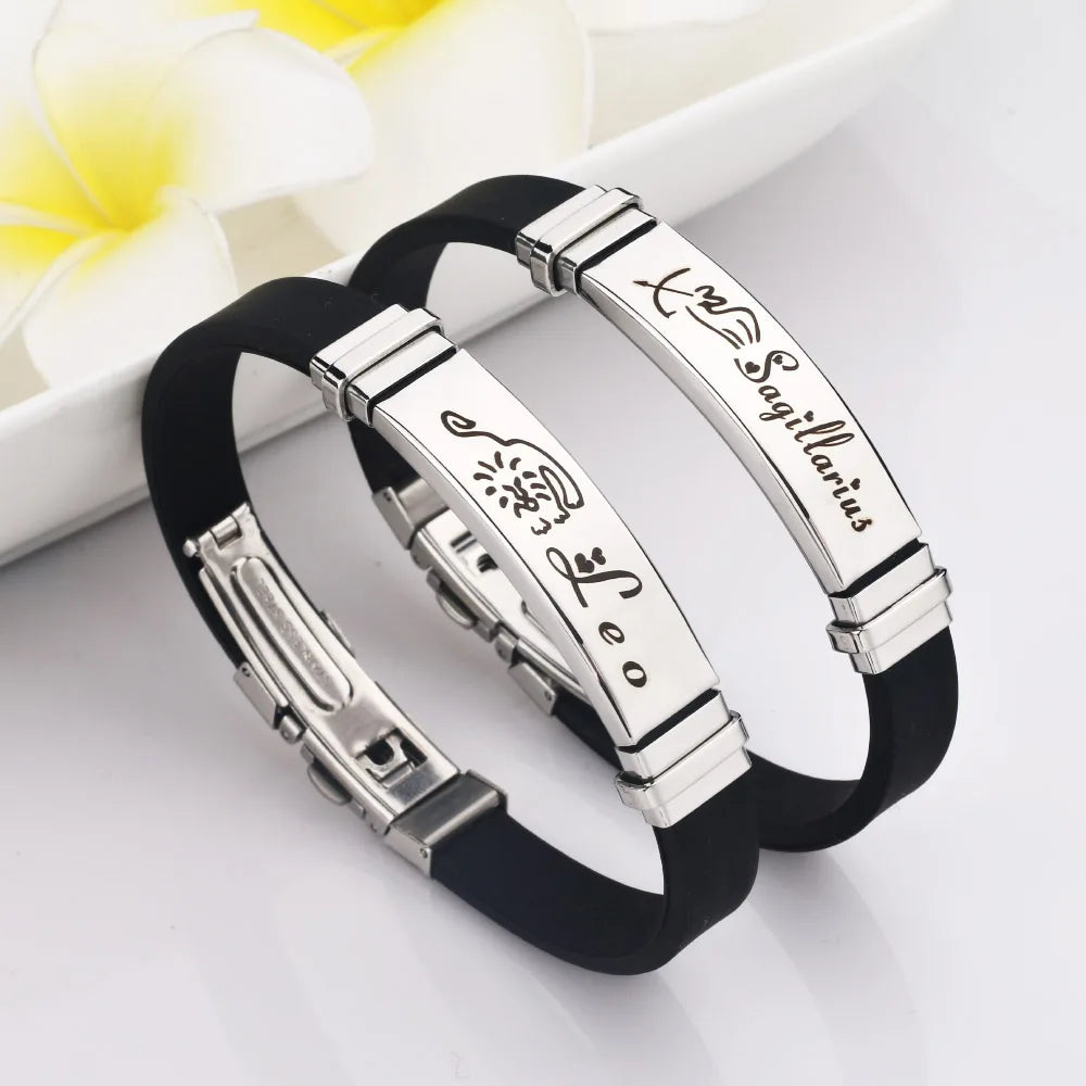 12 Constellation Stainless Steel Silicone Couple Bracelet Fashion 12 Zodiac Ladies Casual Punk Bracelet for Men's Accessories