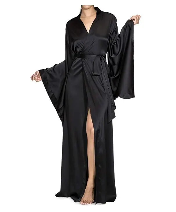 2019 New Solid Robes Women Black Red Long Sleeve Nightgown Ladies Girls Silk Satin Smooth Spring Lace Sleepwear Female Bathrobe