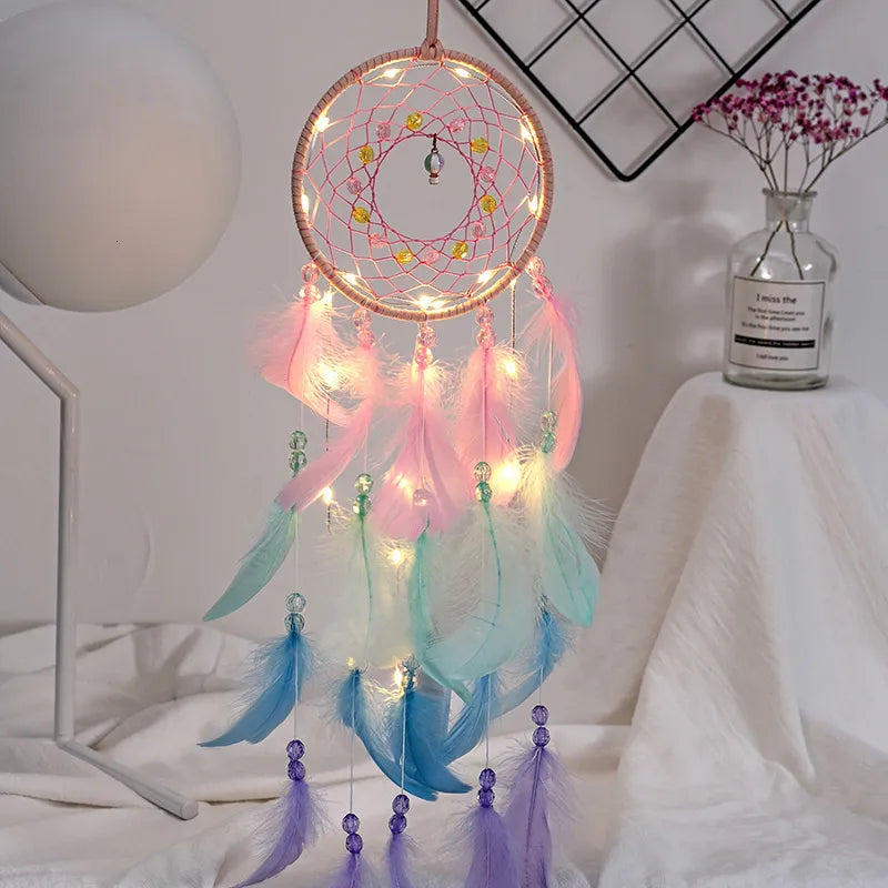 2022 Wall Dream Catcher Led Handmade Feather Braided Wind Chimes Art For Room Decoration Hanging Home Christmas Decor Poster