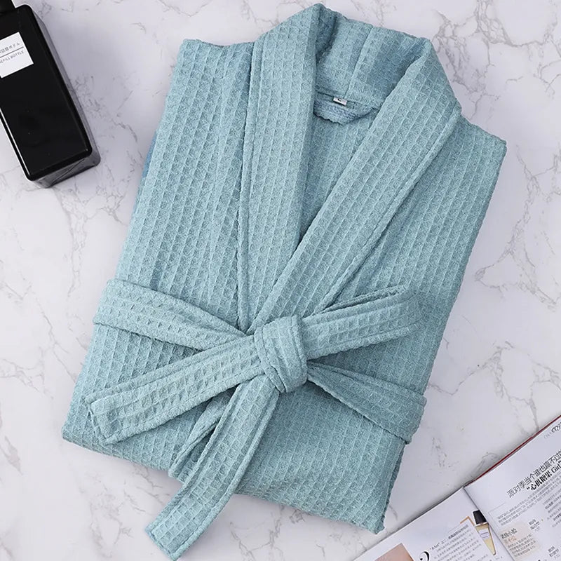 Waffle Bathrobe Women Summer 100% Cotton Robe Sleepwear Long Sleeve Brides Bathrobe Kimono Man Casual Home Clothing Pijamas