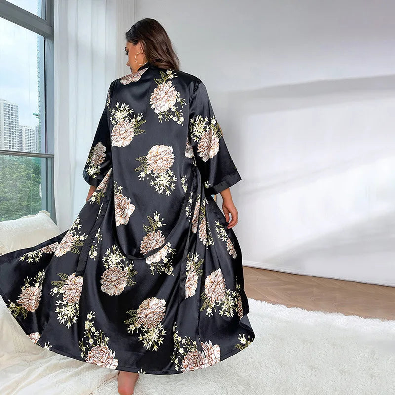 XL-5XL Big Size Kimono Robe Loungewear Women Satin Bathrobe Summer V-Neck Sleepwear Nightgown with Belt Bath Gown Lingerie