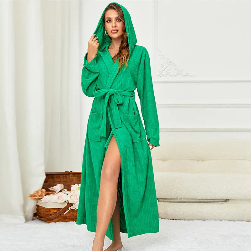 Cotton Bathrobe Gown with Pocket Solid Kimono Robe Loungewear Women Loose Hooded Sleepwear Loose Nightgown Intimate Lingerie