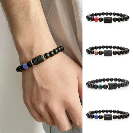 Classic 12 Constellation Beaded Bracelet Couple Natural Black Onyx Stone Elastic Zodiac Bracelet For Women Men Birthday Gift