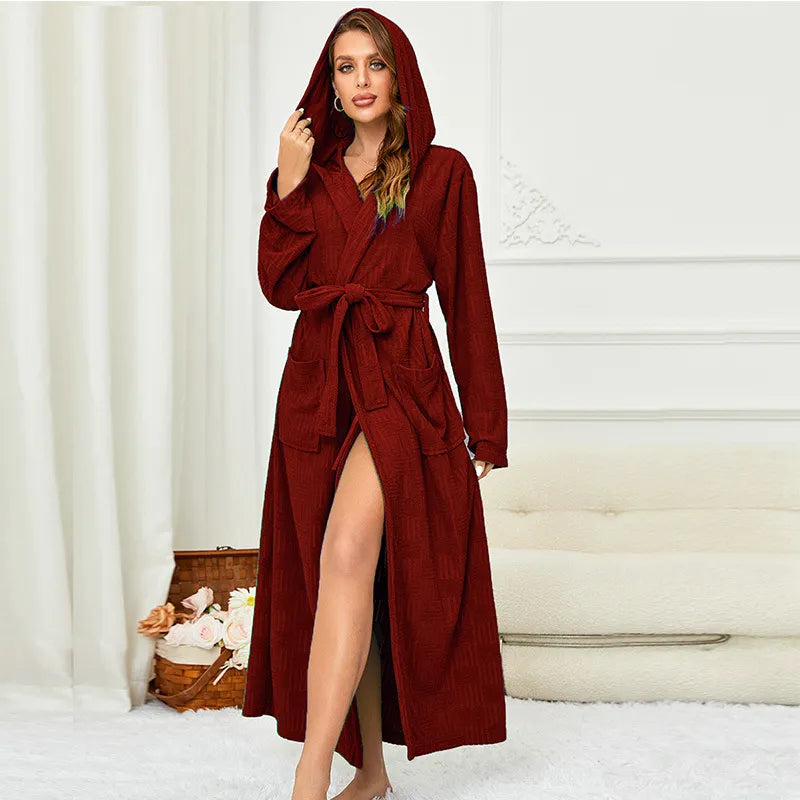 Cotton Bathrobe Gown with Pocket Solid Kimono Robe Loungewear Women Loose Hooded Sleepwear Loose Nightgown Intimate Lingerie