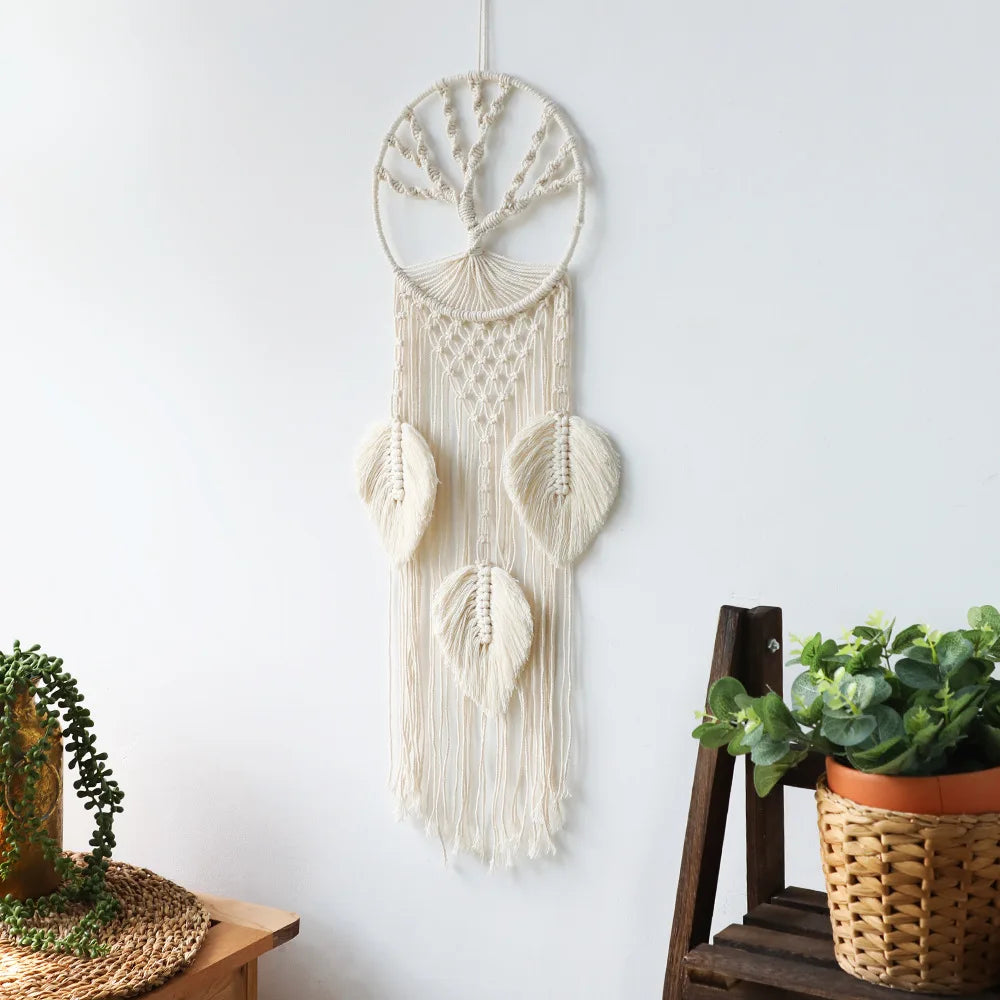 Nordic Style Macrame Tapestry Life Tree Leaves Dream Catcher Wall Hanging Tassel Home Room Kids Nursery Decor Gift