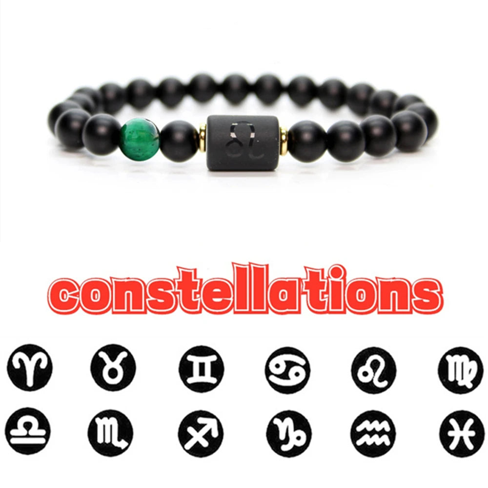 Classic 12 Constellation Beaded Bracelet Couple Natural Black Onyx Stone Elastic Zodiac Bracelet For Women Men Birthday Gift