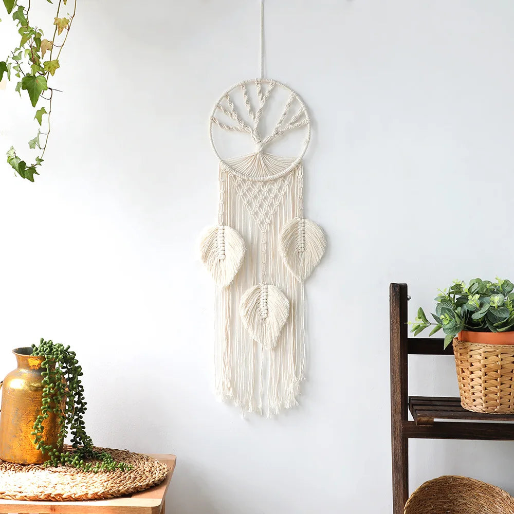 Nordic Style Macrame Tapestry Life Tree Leaves Dream Catcher Wall Hanging Tassel Home Room Kids Nursery Decor Gift