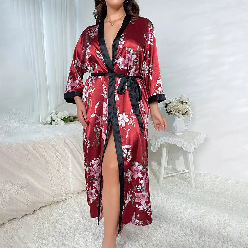 XL-5XL Big Size Kimono Robe Loungewear Women Satin Bathrobe Summer V-Neck Sleepwear Nightgown with Belt Bath Gown Lingerie