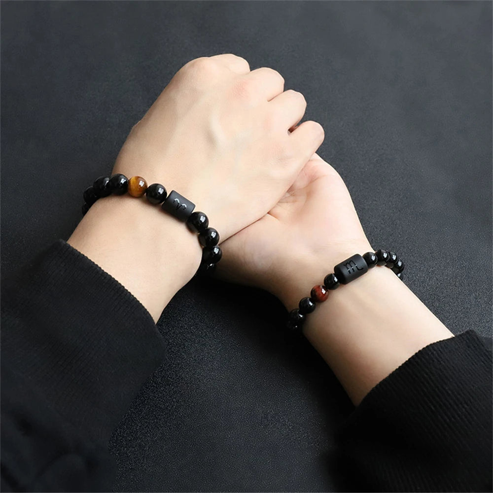 Classic 12 Constellation Beaded Bracelet Couple Natural Black Onyx Stone Elastic Zodiac Bracelet For Women Men Birthday Gift